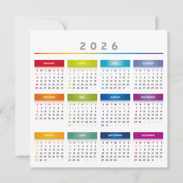 Färgglad 2026-kalender - Regnbågsfärger 3 kolumner Julkort (Framsida)