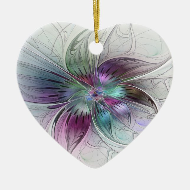 Färgglad Abstrakt Blomma Modern Blommig Fraktal Ko Julgransprydnad Keramik (Framsidan)