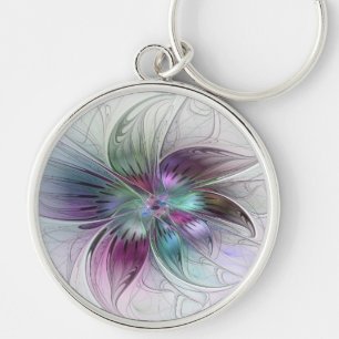 Färgglad Abstrakt Blomma Modern Blommig Fraktal Ko Rund Silverfärgad Nyckelring
