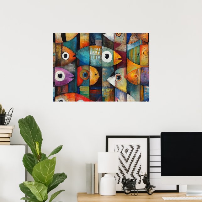 Färgglad Abstrakt Fiskkonst Poster (Hemmakontoret)