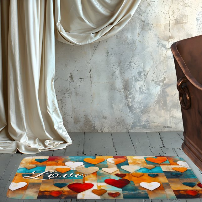 Färgglad Abstrakt Hjärtkonst  Badrumsmatta (Bath mat featuring an abstract design with hearts in bold colors.)
