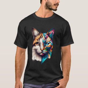 Färgglad Abstrakt Kattunge Halvansikte Söt Geometr T Shirt