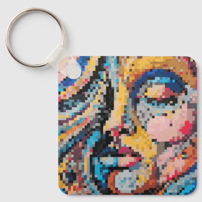 Färgglad abstrakt pixelansikte nyckelring (Framsida)
