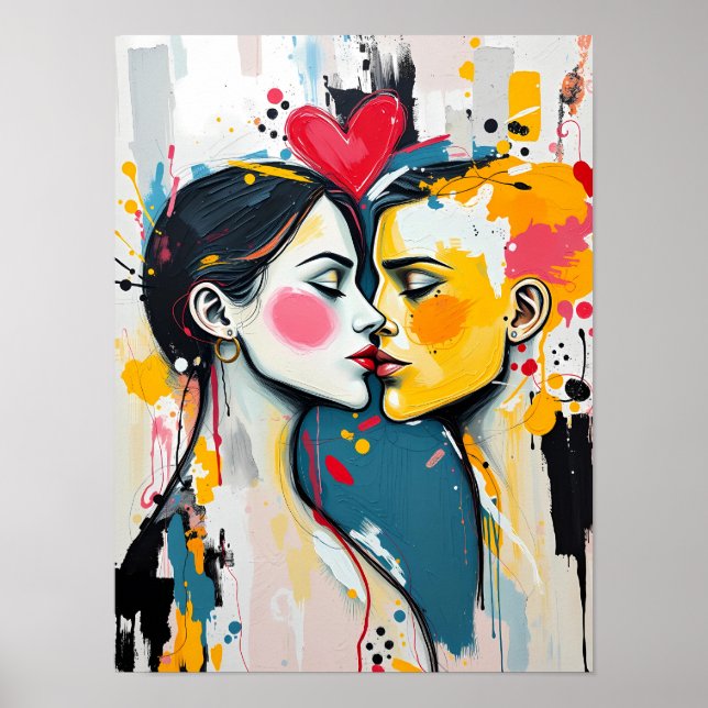 Färgglad Abstrakt Pop Art Kyssande Älskande Affisc Poster (Framsidan)
