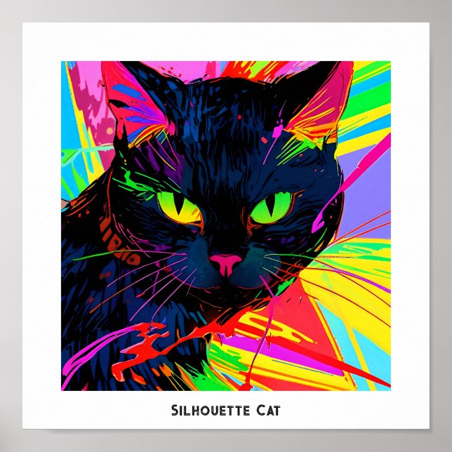 Färgglad abstrakt popkonst siluett svart katt poster (Framsidan)