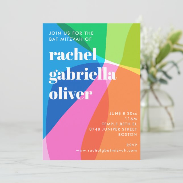 Färgglad Abstrakt Regnbågsfoto Bat Mitzvah-fest Inbjudningar (Stående Fram)