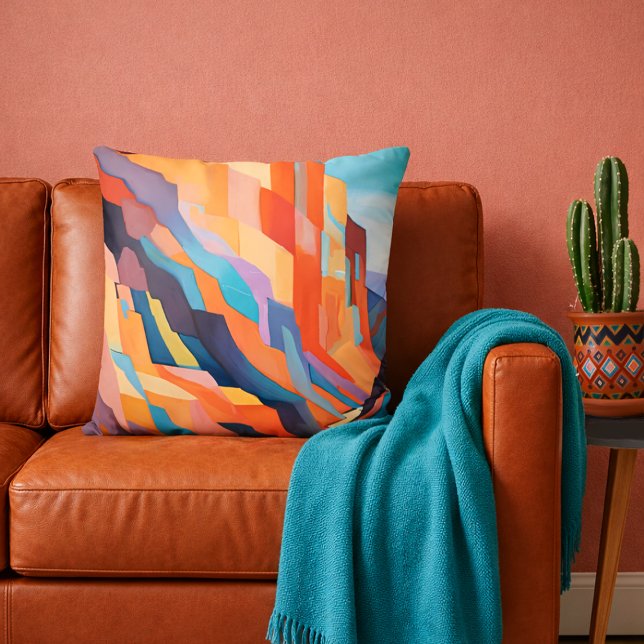 Färgglad Abstrakt Sydvästlig Landskapsvy Kudde (Vividly colored southwestern canyon cliffs landscape throw pillow in modern desert ranch home settin)