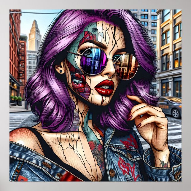 Färgglad Abstrakt Vacker Dam med Lila Hår Poster (Framsidan)