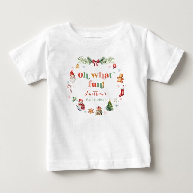 Färgglad Åh vilken kul första jul födelsedag T Shirt (Framsida)