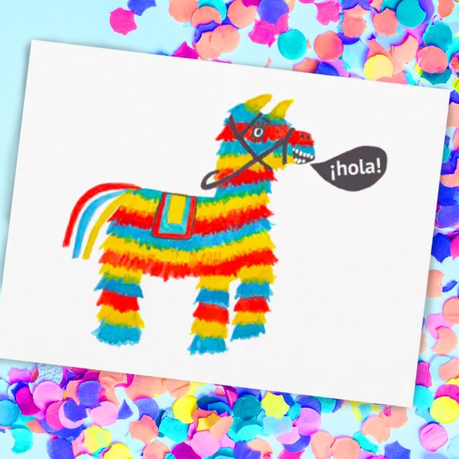 Färgglad akvarell-åsnedonk vykort (Cute gouache paint pinata saying hola on a postcard! Customize with your own text)