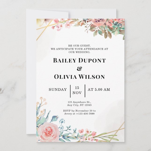 Färgglad akvarell Blommig Bröllopsinbjudan Kort (Framsida)