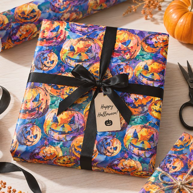 Färgglad akvarell Jack O'Lantern Halloween Presentpapper (Skapare uppladdad)