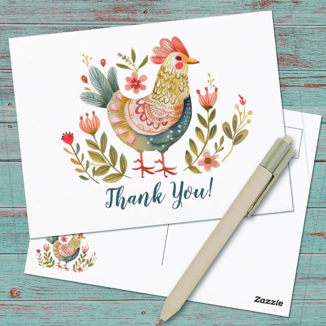 Färgglad akvarell Kyckling Folk Art Tack kort (A pretty watercolor folk art chicken thank you postcard.)