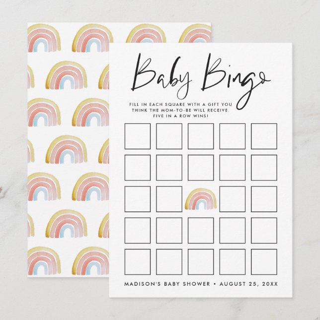 Färgglad akvarell regnbåge baby shower bingo-kort (Fram/baksida)