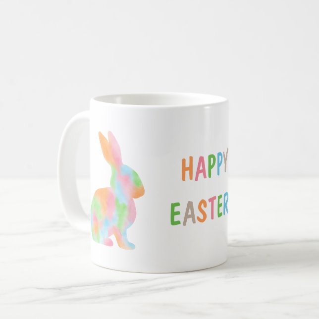 Färgglad akvarellkanin och glad påsk-text kaffemugg (Framsida vänster)