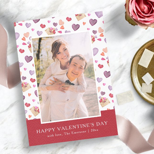Färgglad Alla hjärtans dag Julkort (Watercolor Hearts Happy Valentine's Day Photo Card)