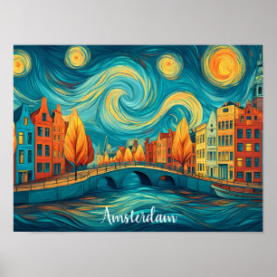 Färgglad Amsterdam Holland Kanal Oljemålning Poster