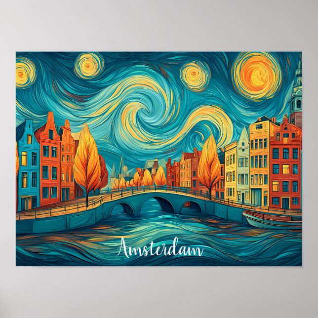 Färgglad Amsterdam Holland Kanal Oljemålning Poster (Framsidan)
