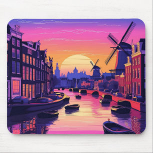 Färgglad Amsterdam-solnedgång – Holländsk kanal & Musmatta