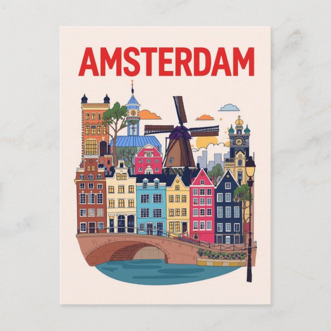 Färgglad amsterdams stadsbild vykort (Framsida)