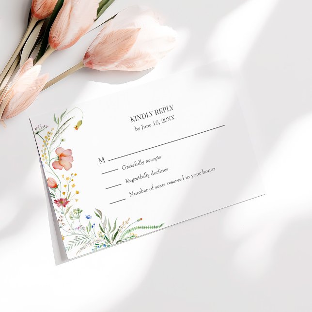 Färgglad äng med vilda blommor Bröllop RSVP-kort Tack Kort (Colorful Wildflower Meadow Wedding RSVP Card on a white table with tulips)