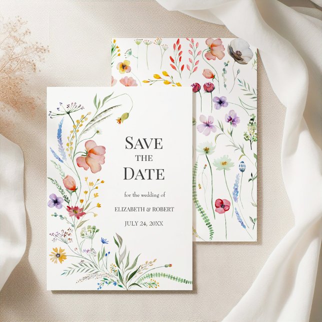 Färgglad äng med vilda blommor Spara datum-kort Inbjudningar (Boho Watercolor Wildflowers Save The Date Card on elegant silky tableclothes)