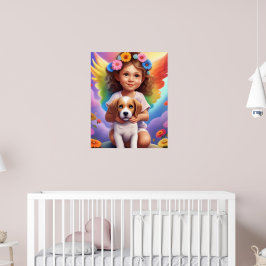 Färgglad ängel flicka med valp barn vägg poster
