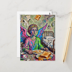 Färgglad ängel vid frukost Art Brut-stil Vykort