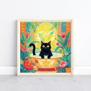 Färgglad Art Deco svart katt i badkar Poster