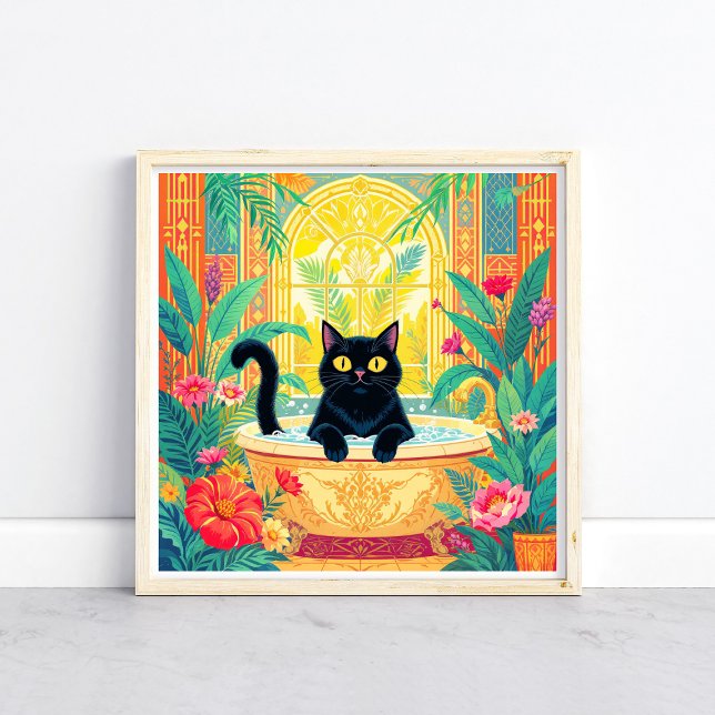 Färgglad Art Deco svart katt i badkar Poster (Skapare uppladdad)