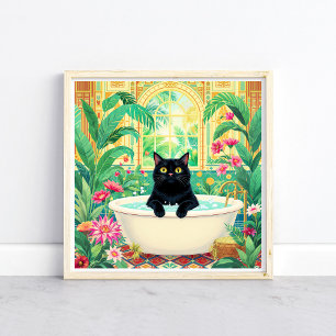 Färgglad Art Deco svart katt i badkar Poster