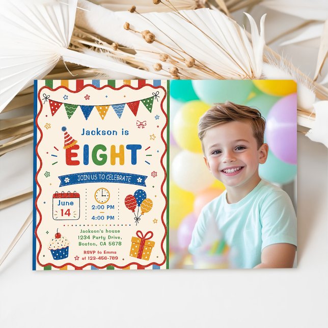 Färgglad ÅTTA 8-års födelsedagsfest Inbjudningar (Skapare uppladdad)