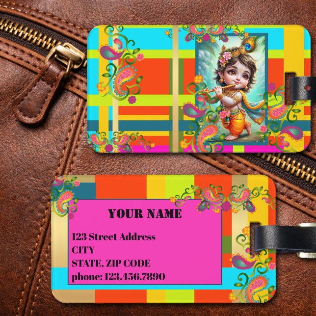Färgglad Baby Krishna Art Festive Indien Bagagebricka (India inspired luggage tag featuring a cute illustration of baby Krishna playing his flute)