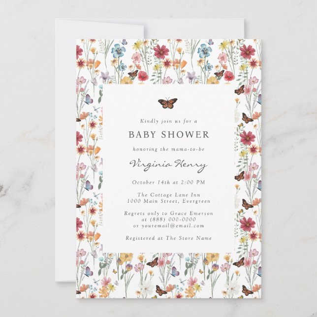 Färgglad Baby Shower-inbjudan med vilda blommor Inbjudningar (Framsida)