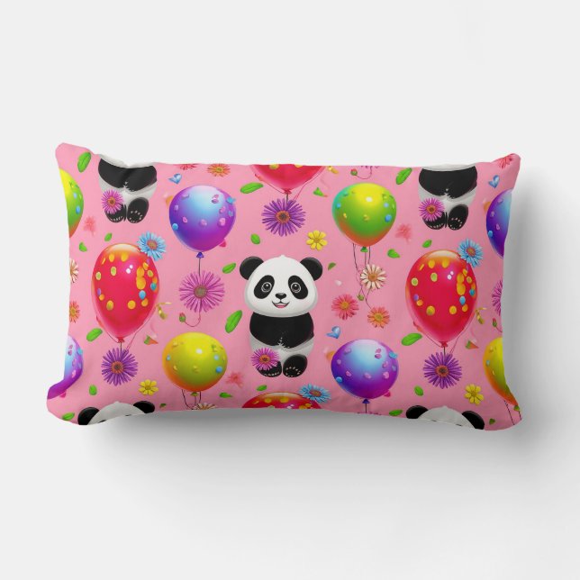 Färgglad ballong och pandamönster med blommor lumbarkudde (Framsida)