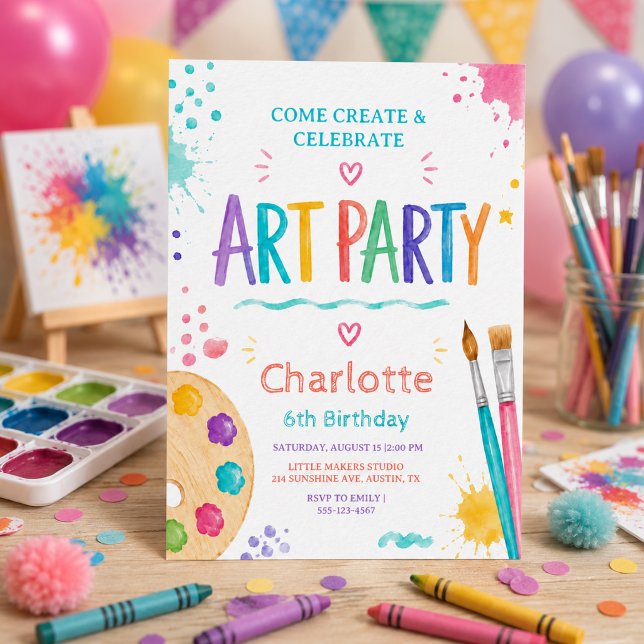 Färgglad Barn Konstfest 6-årsdag Målar  Inbjudningar (Colorful Kids Art Party 6th Birthday Painting Invitation
)