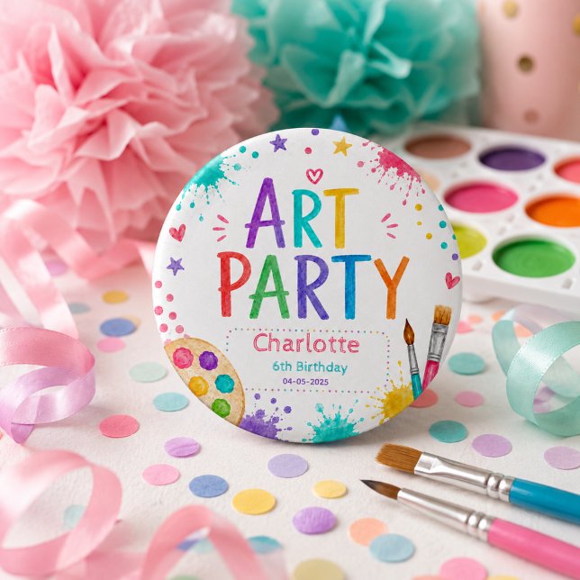 Färgglad Barn Konstfest 6-årsdag Målar  Knapp (Colorful Kids Art Party 6th Birthday Painting Button
)