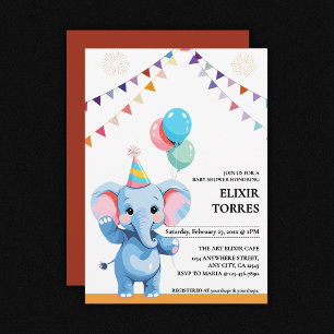 Färgglad Bebis Elefant med Ballonger Baby Shower Inbjudningar