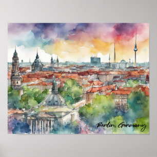Färgglad Berlin Tyskland Siluett Vattenfärg Poster