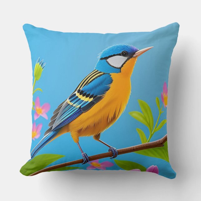 💙 Färgglad Blå Fågel Blommig Konstpresent Till Ma Kudde (Framsida)
