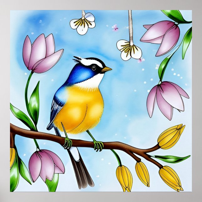 Färgglad blå fågel sittande på en blommande gren poster (Framsidan)