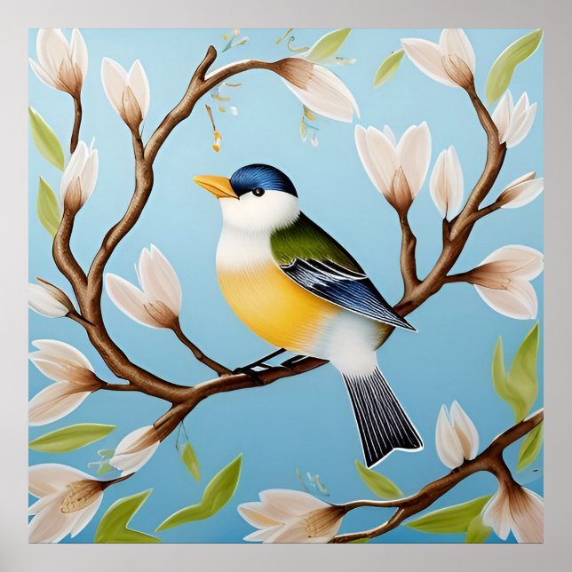 Färgglad blå fågel som sitter på en blommande gren poster (Framsidan)