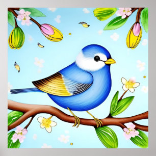 Färgglad blå fågel som sitter på en blommande gren poster