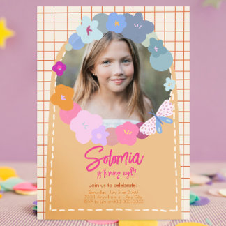 Färgglad Blomfoto Födelsedagsflicka Inbjudan
