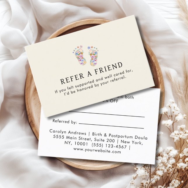 Färgglad Blomma Baby Fotavtryck Logo Beige Rabattkort (Colorful Flower Baby Footprint Logo Beige White Referral Card)