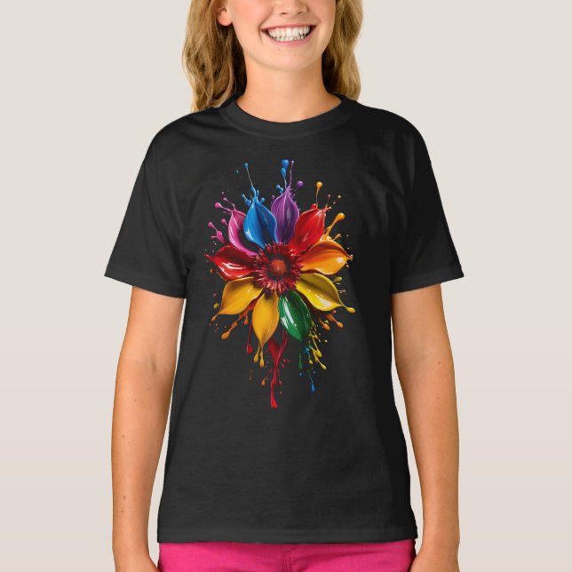 Färgglad blomma T-shirt | Livfull blomkonst D (Framsida)