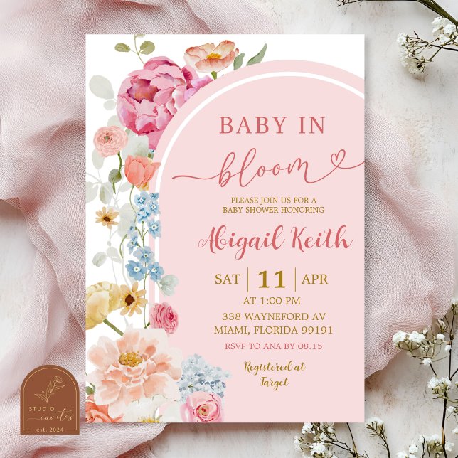 Färgglad blommande vår Baby i blom Invitation Inbjudningar (Skapare uppladdad)