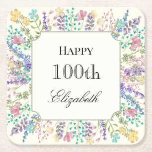 Färgglad Blommig 100-årsdag Pappers Coaster Underlägg Papper Kvadrat