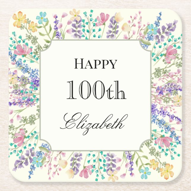 Färgglad Blommig 100-årsdag Pappers Coaster Underlägg Papper Kvadrat (Framsidan)