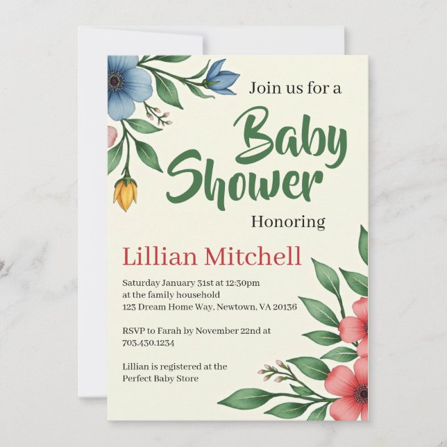 Färgglad Blommig Akvarell Baby Shower Inbjudan (Framsida)
